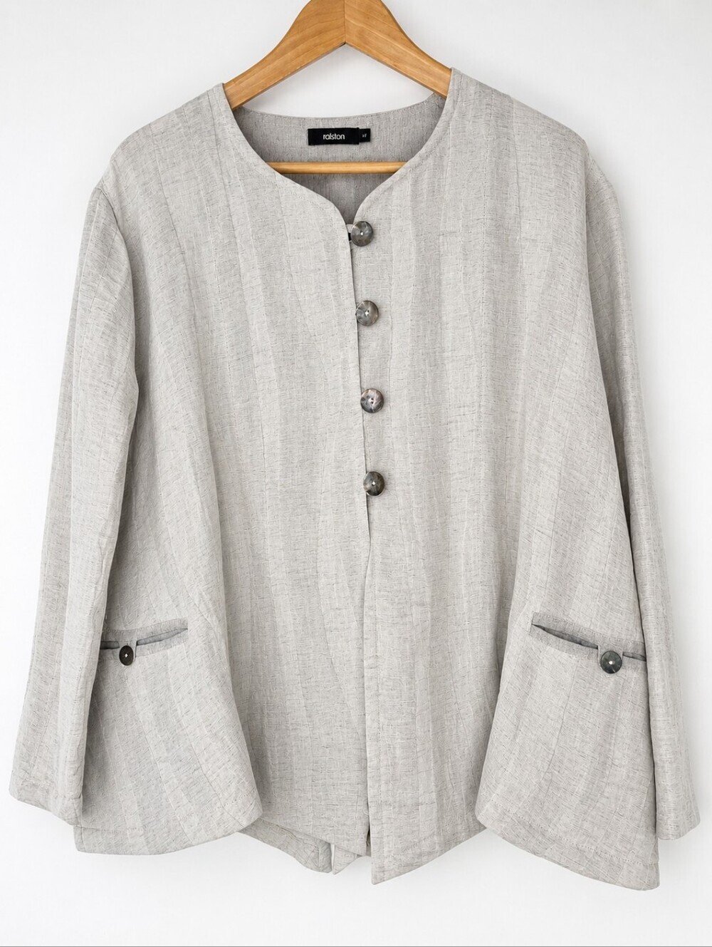 Ralston Linen Blend Duster Jacket Women's M Light Gray Collarless Button Front